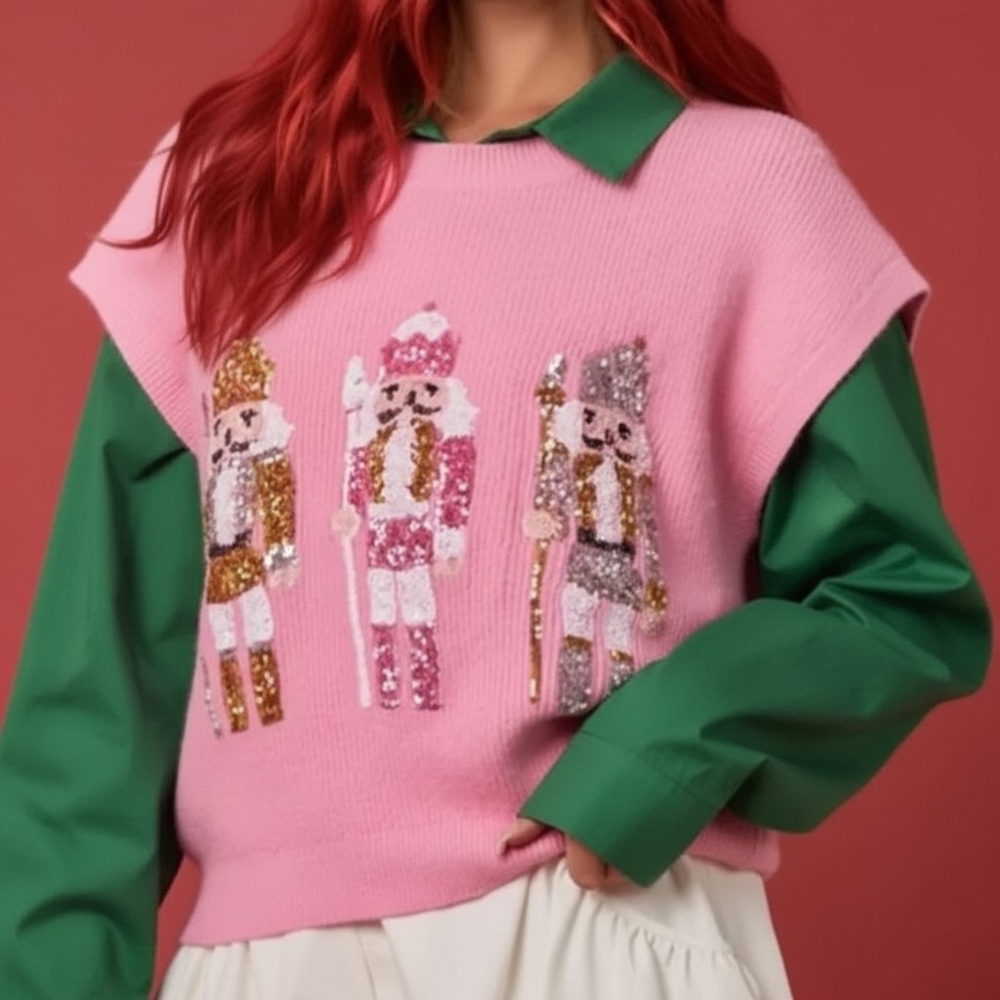 Peach Love California Sequin Nutcracker Sweater Vest Pink Sparkly Holiday Bling - Picture 15 of 16